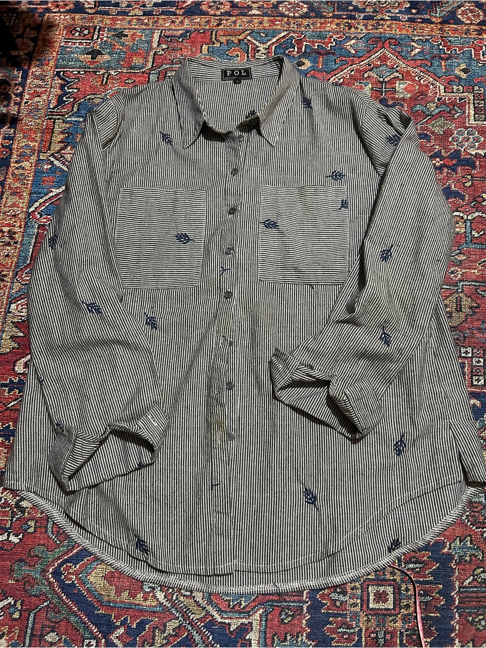 POL Striped Embroidered Button-Up Shirt - Navy/White